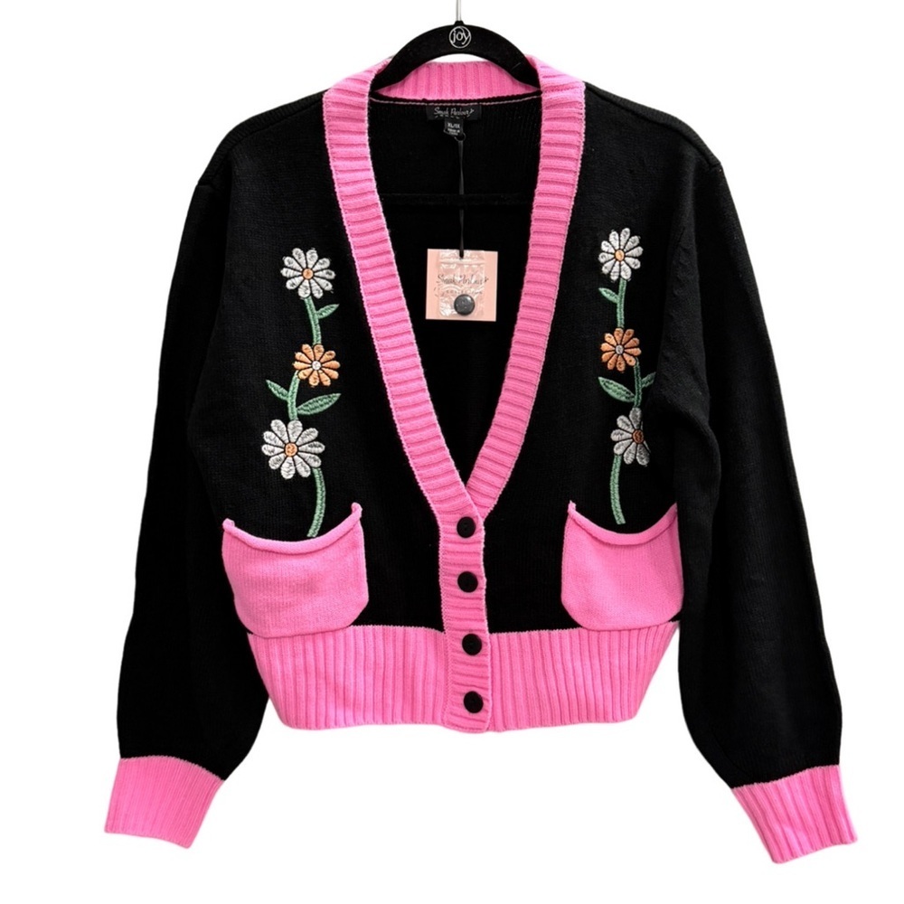NWT SMAK PARLOUR Collection Floral Embroidered Cardigan Black Pink Size XL